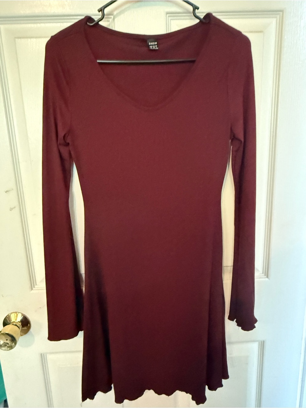 SHEIN Long Sleeve V-Neck A-Line Dress in Burgundy